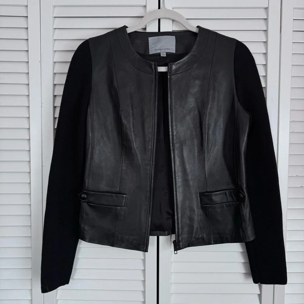 Classiques Entier Leather Multimedia Jacket Wool Sleeves Moto Black Size XS - Picture 2 of 10
